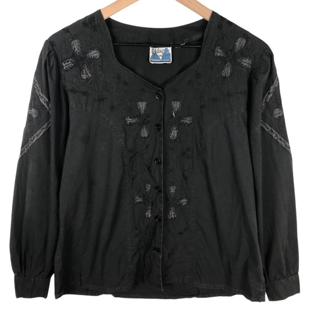VTG Blue Canyon Western Wear Embroidered Cotton Blouse Sz M Black Button Up L/S